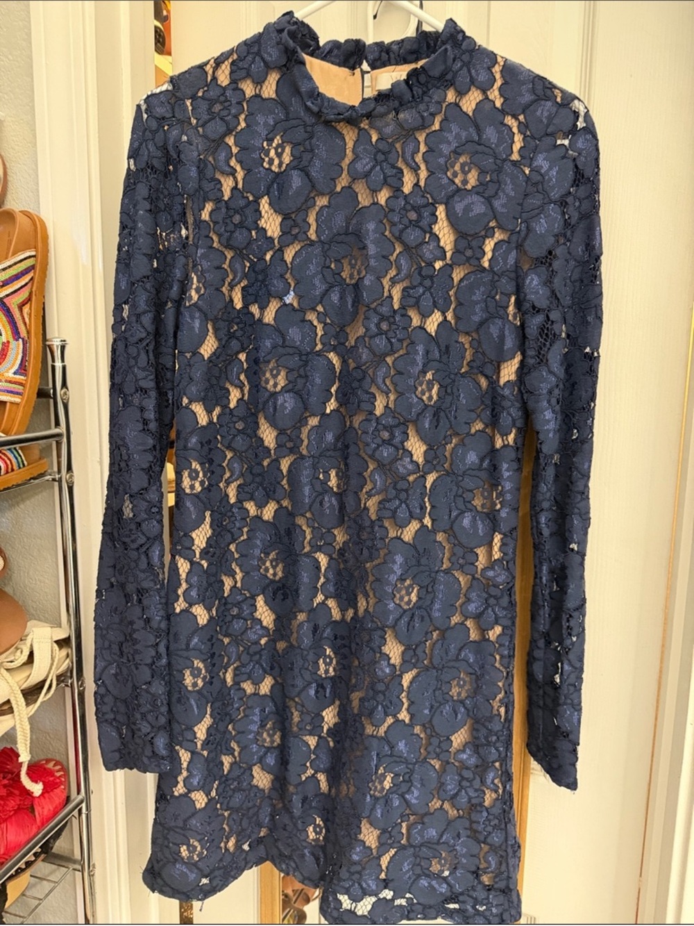 Wayf Navy Floral Lace Long-Sleeve Dress